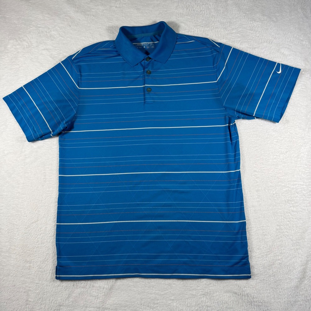 Nike Golf Polo Shirt Mens M Blue Dri-FIT Striped Short Sleeve Embroidered Logo